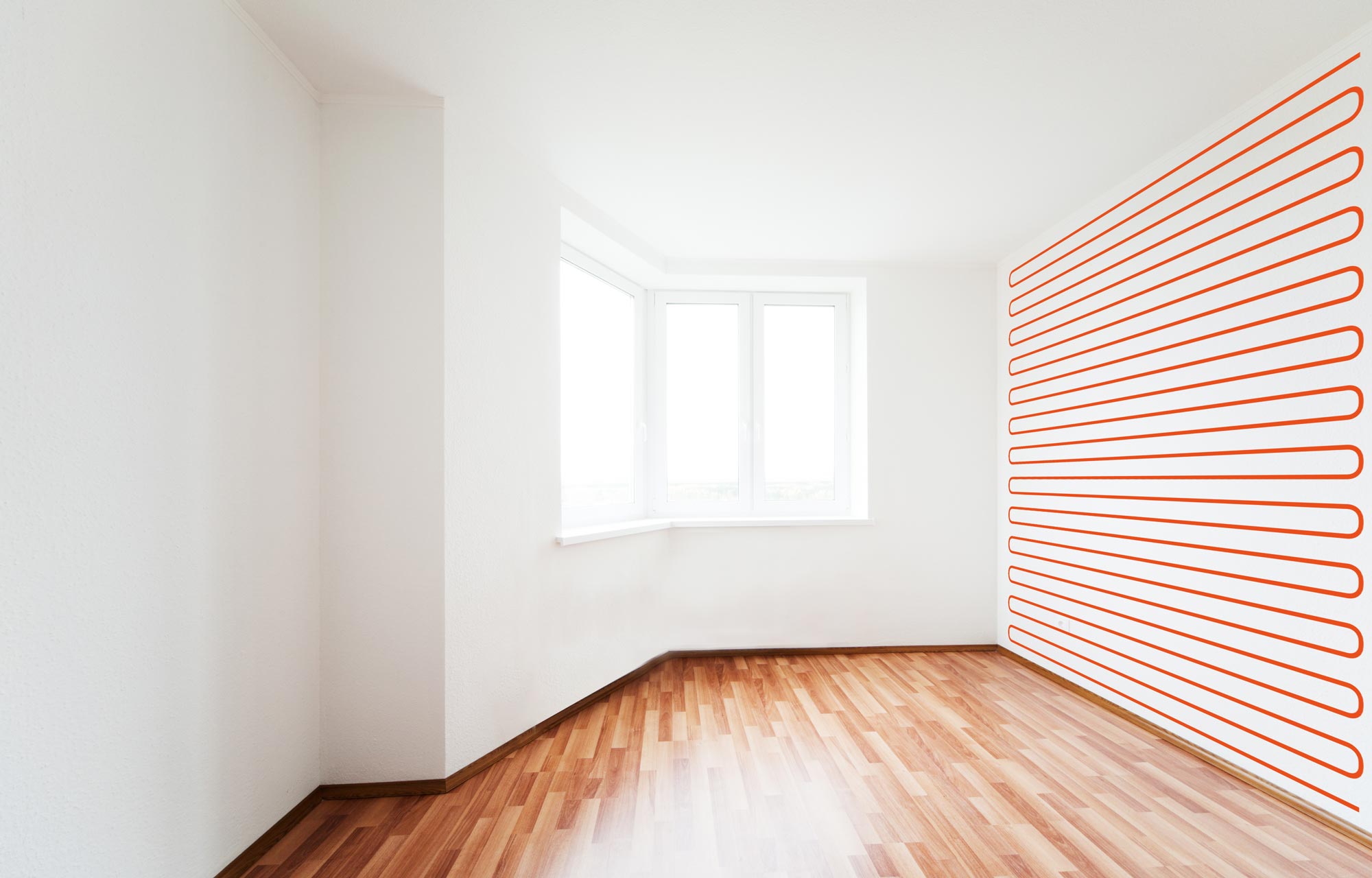 Chambre vide avec schéma d'un mur chauffant