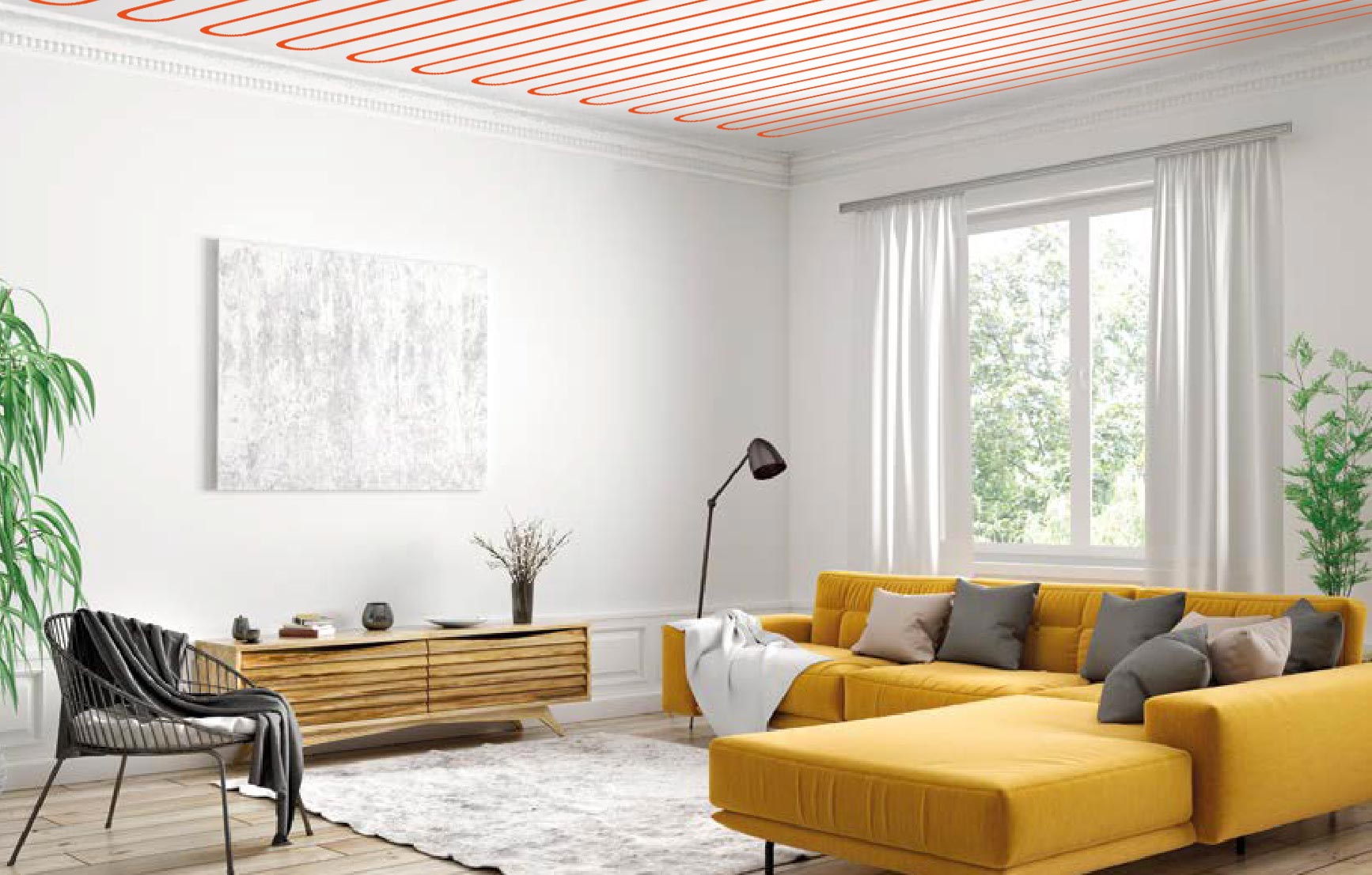 Plafond chauffant dans un salon sous forme de schéma