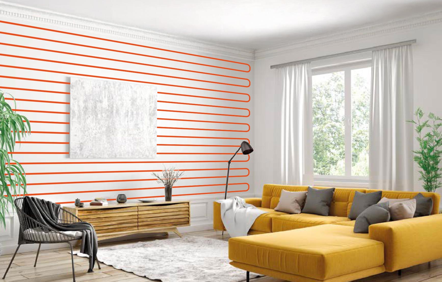 Mur chauffant dans un salon sous forme de schéma